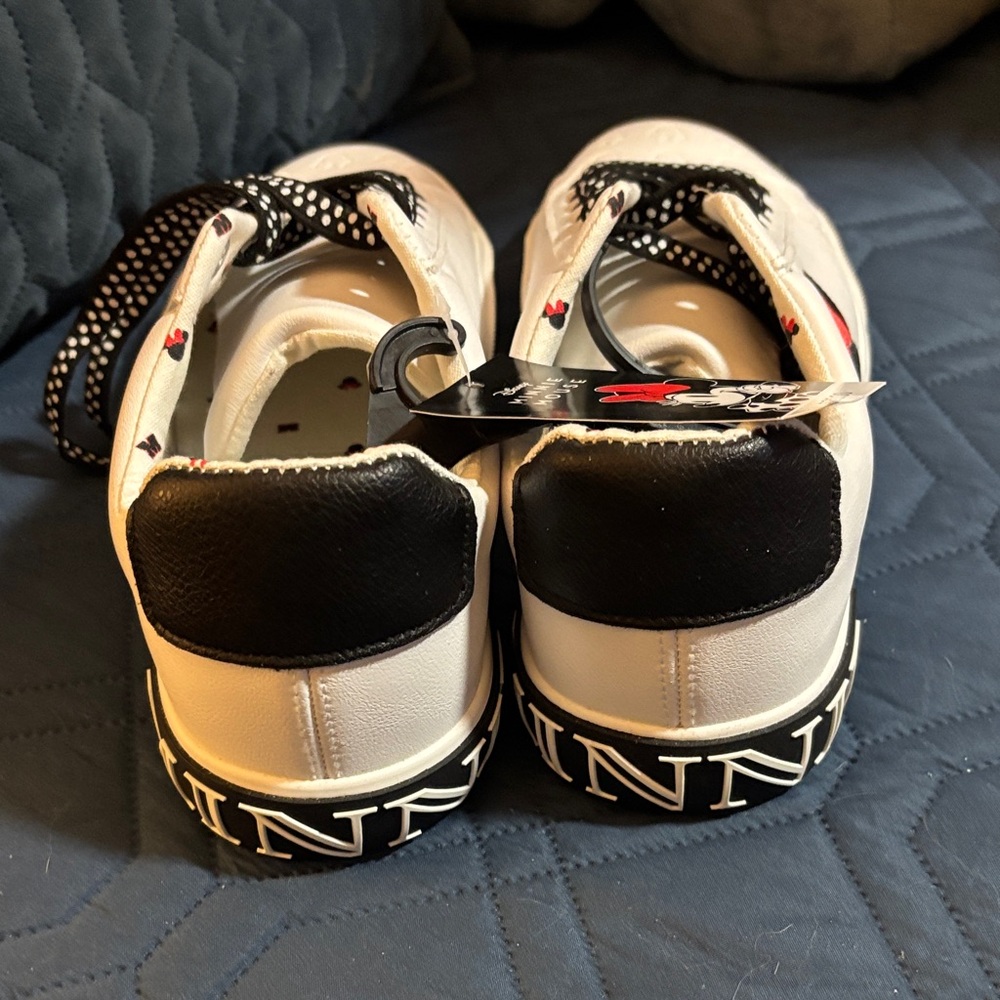 Disney White Sneakers with Black Polka Dot Laces and Red Accent - Picture 3 of 11